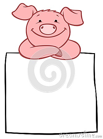 Cartoon farm animals. Little cute smiling pig with the banner. Vector Illustration